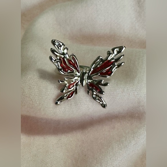 Butterfly Statement Ring Womens Big Large Silver Red New Adjustable - Picture 3 of 8